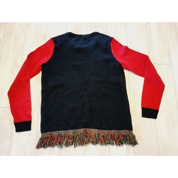 Ugly Christmas Sweater M Rudolph Santa's Little Helper Fringe Blk/Red - Picture 2 of 6